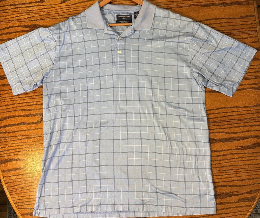 Austin Reed Gold Polo Men's T Shirt 100% Cotton Windowpane Blue Print Size XL